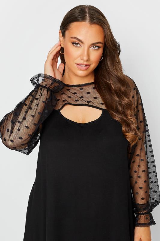 Curve Black Polka Dot Flocked Mesh Sleeve Top | Yours Clothing 4
