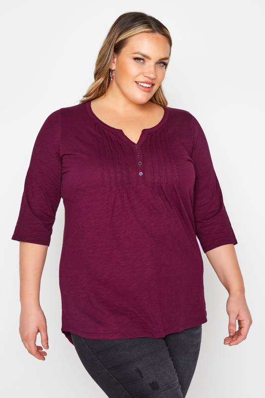 Plus Size Plum Purple Pintuck Henley Top | Yours Clothing 1