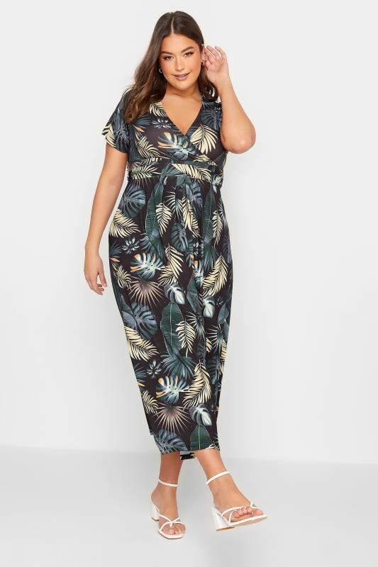 Plus Size  YOURS Curve Black Tropical Leaf Print Wrap Dress