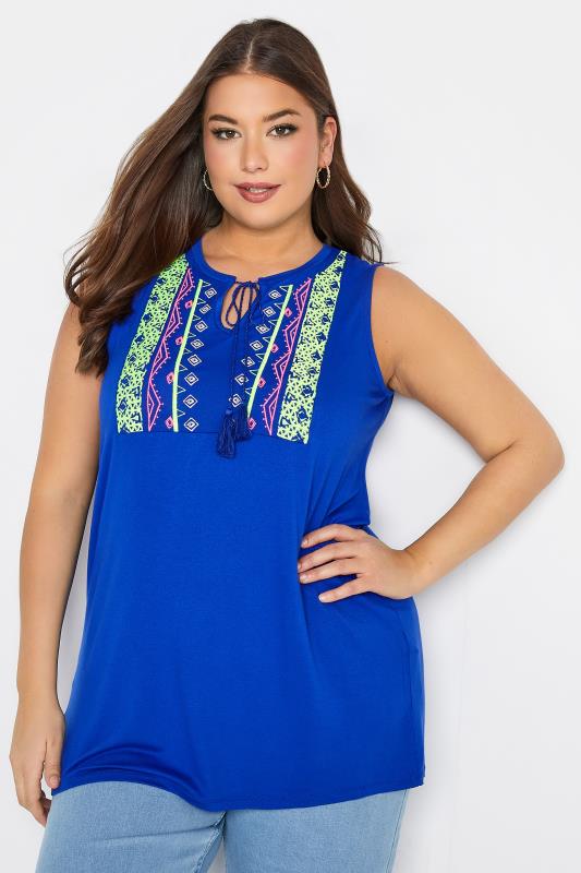 Curve Blue Aztec Embroidered Tie Neck Top_A.jpg