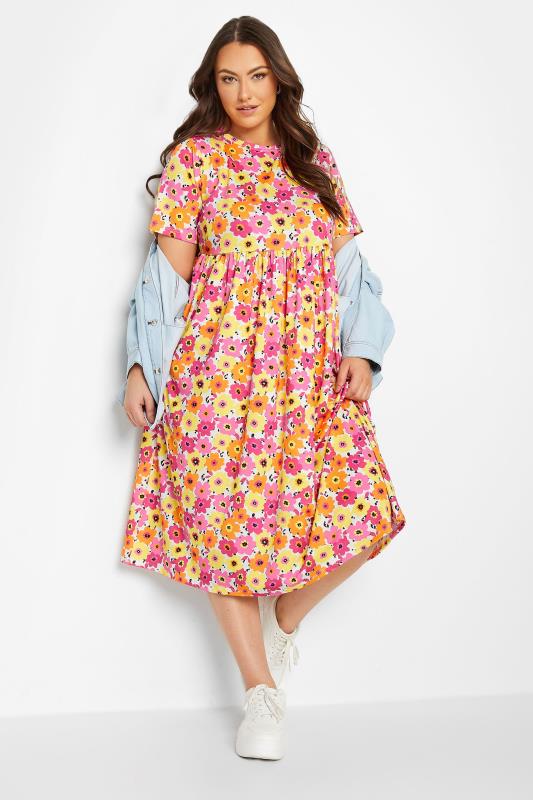  Tallas Grandes YOURS Curve Pink & Yellow Floral Midi Smock Dress