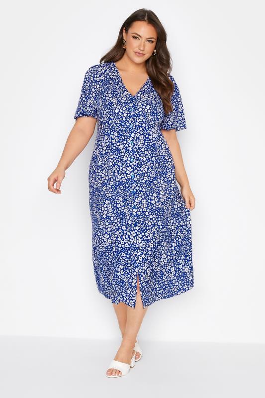 YOURS LONDON Plus Size Blue Floral Button Through Tea Dress | Yours Clothing 2
