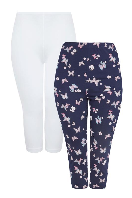 2 PACK Plus Size Navy Blue & White Butterfly Print Cropped Leggings | Yours Clothing 7