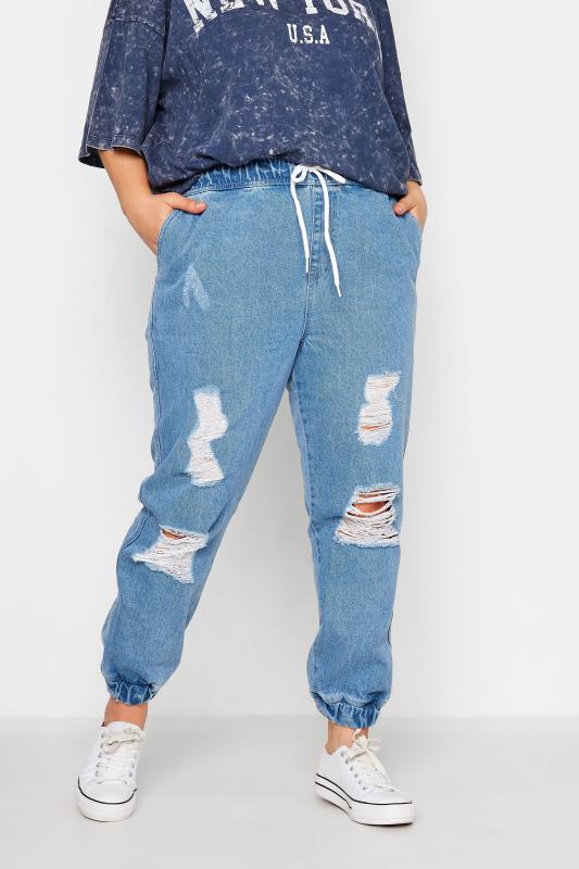 Plus Size Mid Blue Ripped Jogger Jeans | Yours Clothing 1