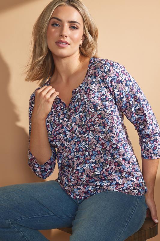 M&Co Pink Floral Print Cotton Henley Top | M&Co 1