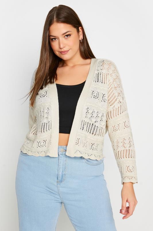Plus Size  YOURS Curve Ivory White Pure Cotton Cropped Pointelle Cardigan