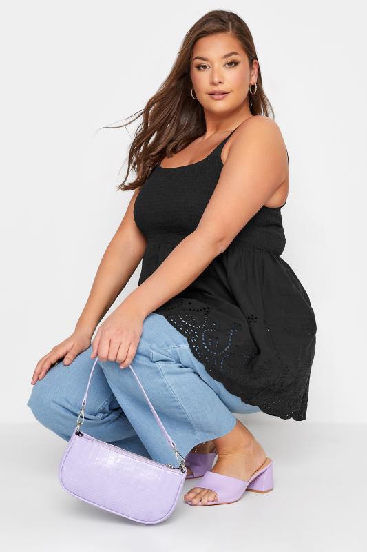  Grande Taille Curve Black Shirred Broderie Anglaise Vest Top