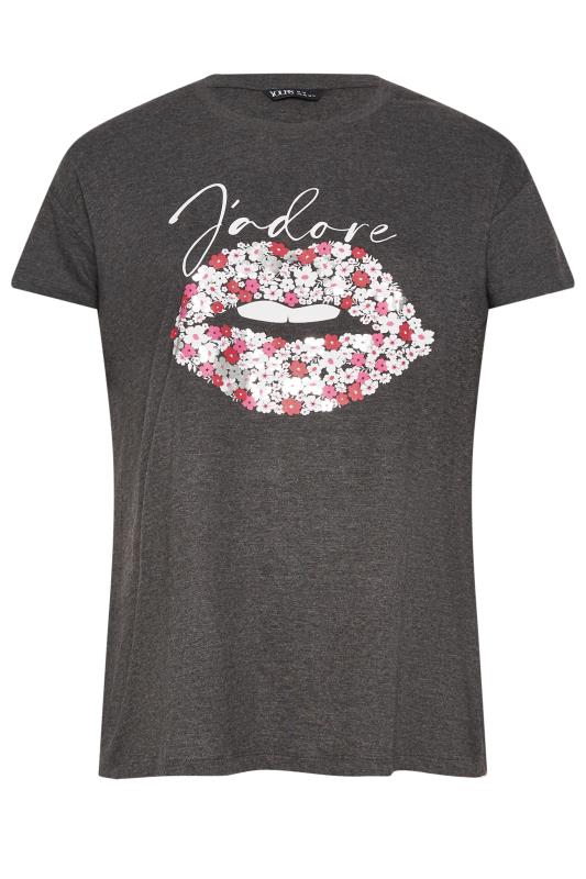 YOURS Plus Size Charcoal Grey 'J'adore' Lips Foil Print T-Shirt | Yours Clothing  6