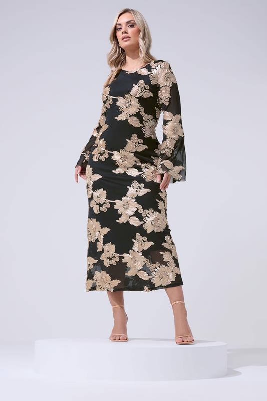 YOURS LONDON Plus Size Black Floral Applique Maxi Dress | Yours Clothing 1
