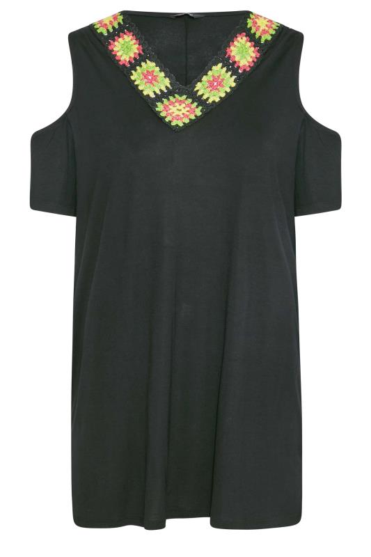 Plus Size Black Crochet Neckline Cold Shoulder Top | Yours Clothing 7