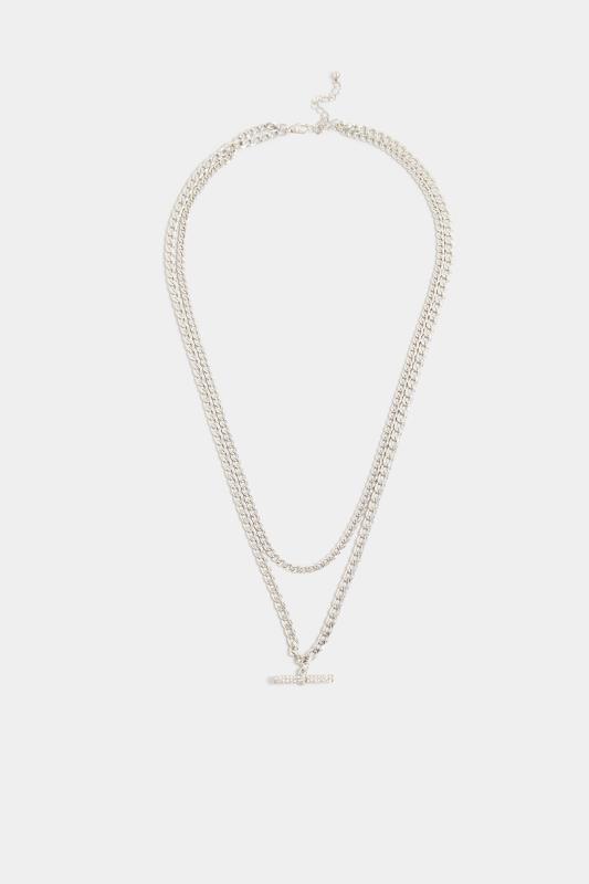 Tall  Yours Silver Layered Diamante Bar Necklace