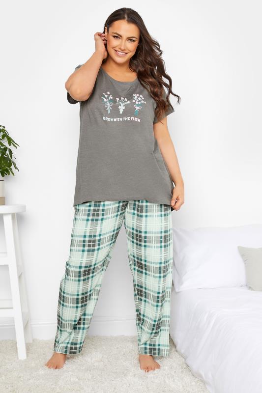 Plus Size  YOURS Curve Green Check Print Wide Leg Pyjama Bottoms