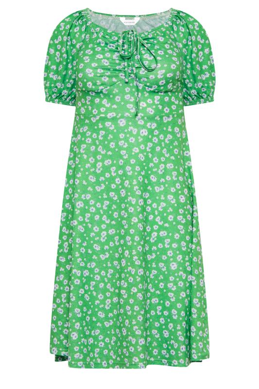 Petite Green Daisy Print Ruched Front Dress | PixieGirl 6