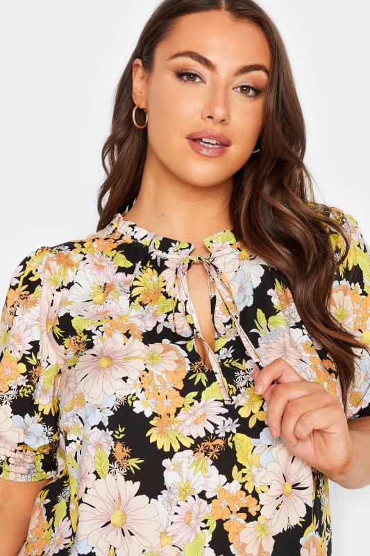 YOURS Plus Size Black & Yellow Floral Print Tie Neck Blouse | Yours Clothing 4