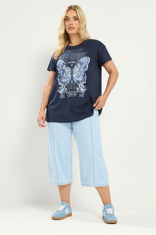 YOURS Plus Size Navy Blue 'Free Spirit' Butterfly Embellished T-Shirt | Yours Clothing 1