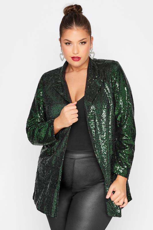 Curve Emerald Green Sequin Blazer | Yours Clothing 1