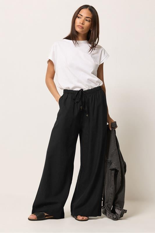  PixieGirl Petite zwarte linnen broek met kralen en wijde pijpen