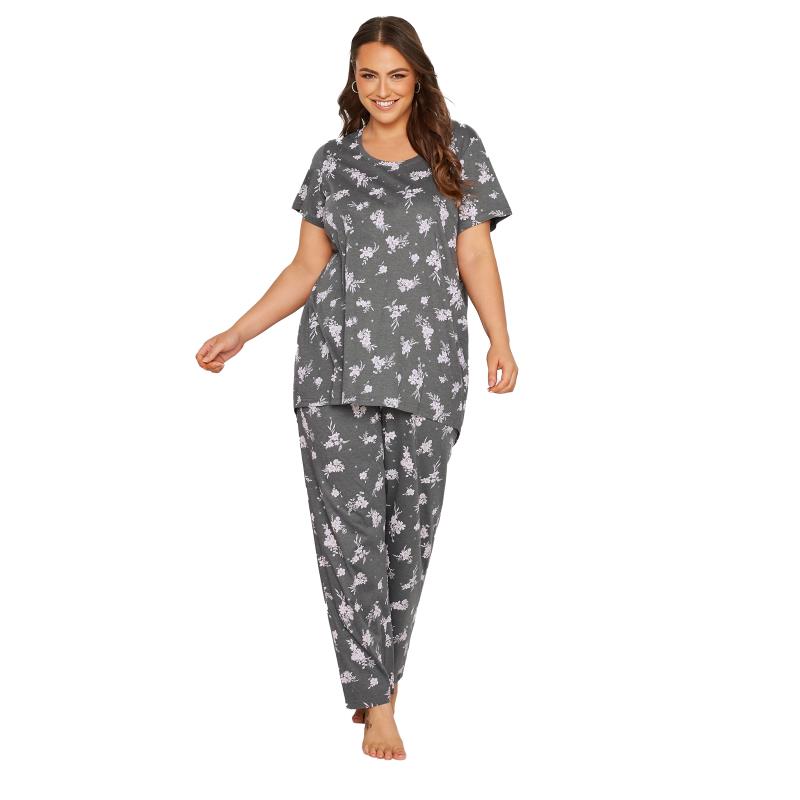 Plus Size Grey Floral Print Dipped Hem Pyjama Top | Yours Clothing 8