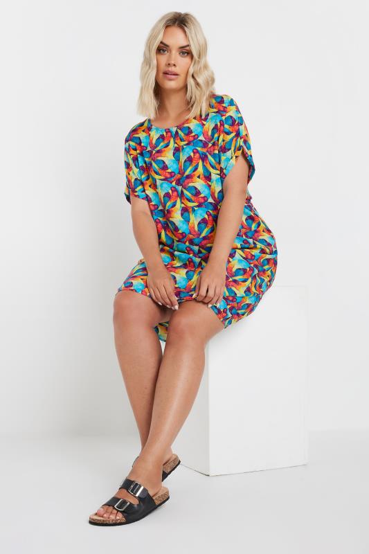 YOURS Plus Size Blue & Red Abstract Print Tunic Dress | Yours Clothing 1