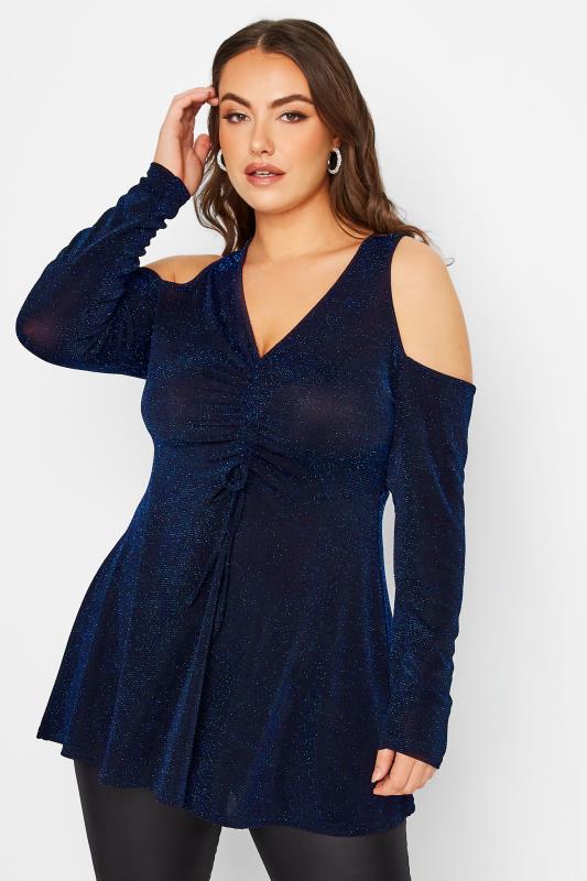 LIMITED COLLECTION Plus Size Black & Blue Glitter Cold Shoulder Top | Yours Clothing 1