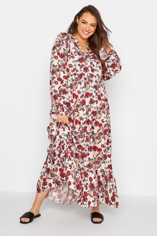 LIMITED COLLECTION Plus Size Cream Floral Frill Smock Maxi Dress | Yours Clothing 1