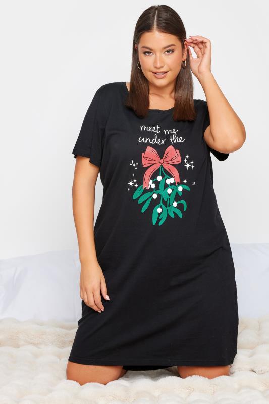 Plus Size  YOURS Curve Black 'Meet Me Under The Mistletoe' Slogan Christmas Nightdress
