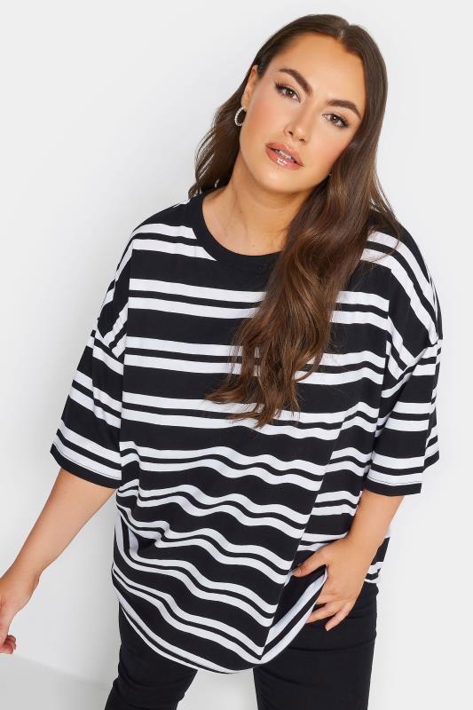 YOURS 2 PACK Plus Size Black Stripe Print Cotton T-Shirts | Yours Clothing  2