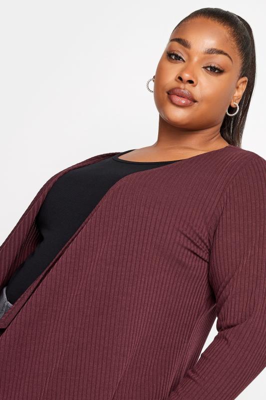 YOURS Plus Size Burgundy Red Ribbed Waterfall Cardigan | Yours Clothing 4
