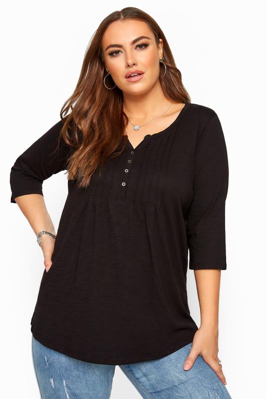 YOURS FOR GOOD Curve Black Pintuck Button Henley Top_A.jpg
