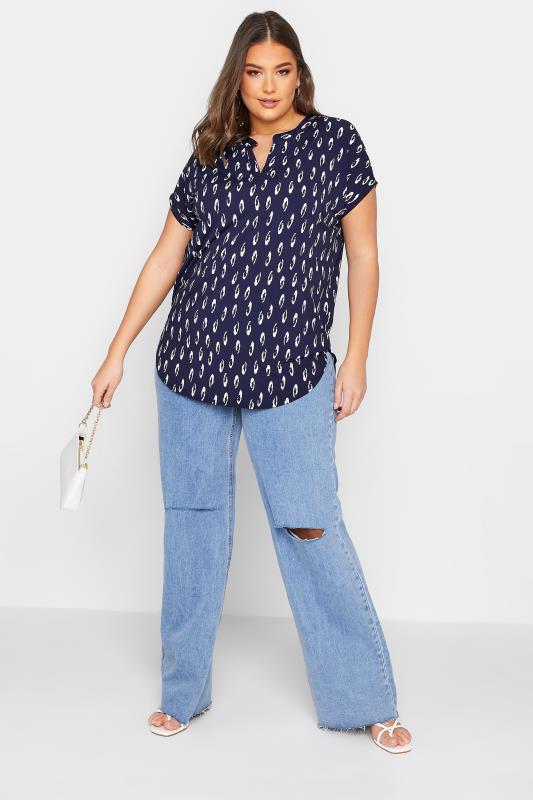 YOURS Plus Size Curve Navy Blue Animal Print Half Placket Blouse | Yours Clothing  2