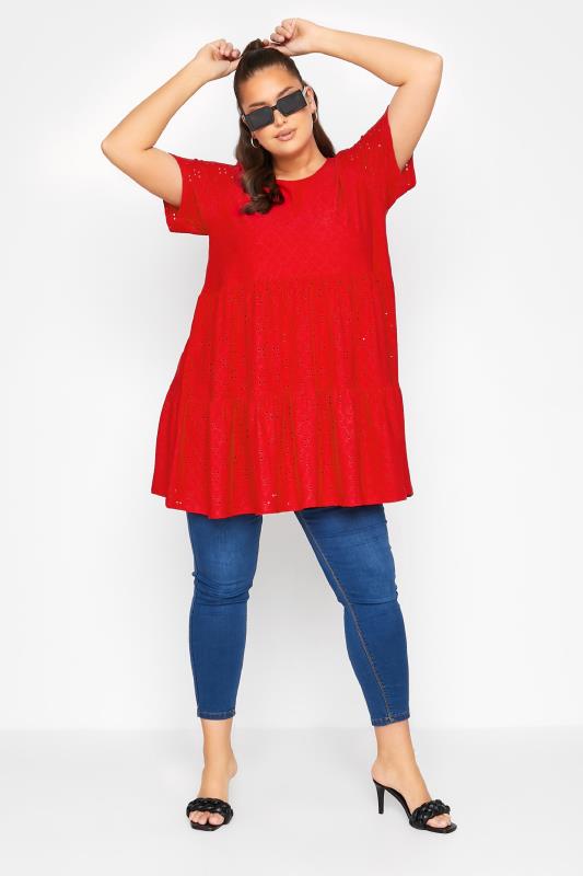 LIMITED COLLECTION Curve Red Broderie Anglaise Tiered Smock Top 2
