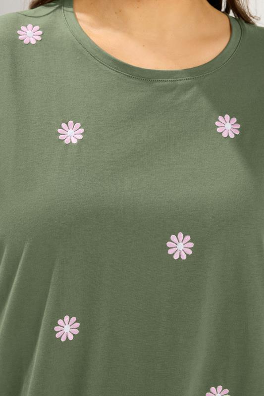 YOURS Plus Size Khaki Green Embroidered Daisy T-Shirt | Yours Clothing 4