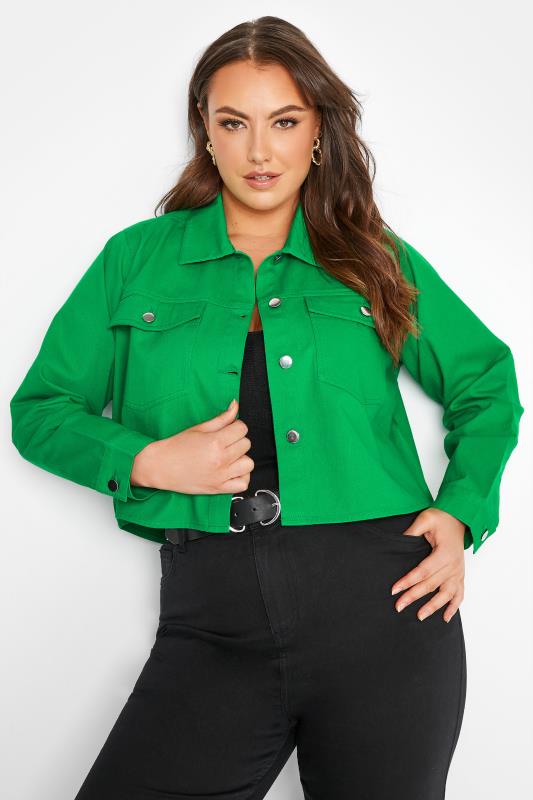 LIMITED COLLECTION Plus Size Bright Green Cropped Twill Jacket | Yours Clothing 1