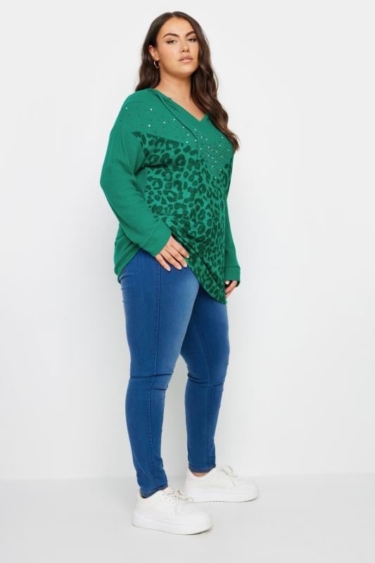 YOURS Plus Size Green Leopard Print Embellished Hoodie | Yours Clothing 2