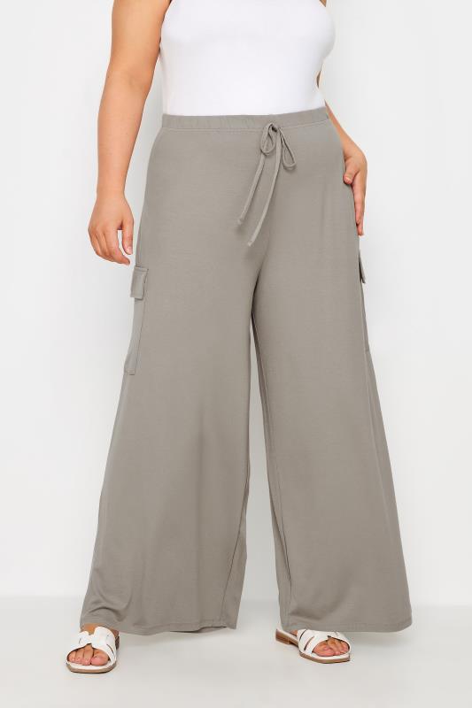 YOURS Plus Size Stone Brown Jersey Wide Leg Cargo Trousers | Yours Clothing 1