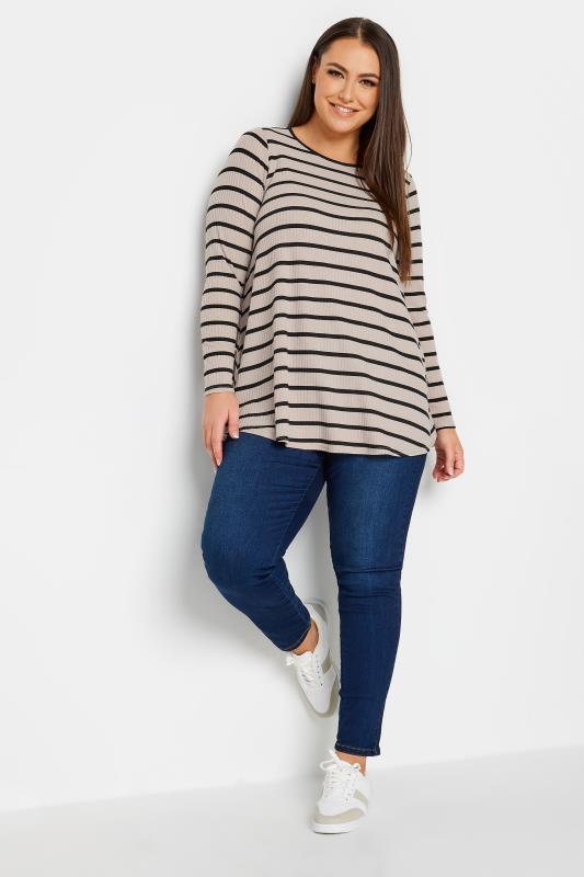YOURS Plus Size Stone Brown & Black Stripe Ribbed Swing T-Shirt | Yours Clothing 2