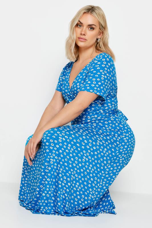 YOURS Plus Size Blue Ditsy Floral Print Maxi Wrap Dress | Yours Clothing 2