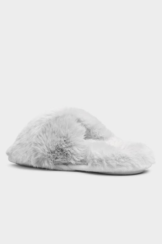 Grey Vegan Faux Fur Cross Strap Slippers In Standard D Fit | Yours Clothing 5