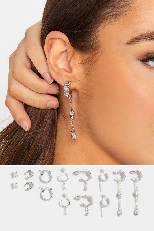 7 PACK Silver Tone Assorted Stone Earrings | Yours Clothing 1