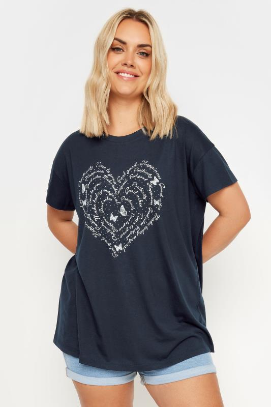 Plus Size  YOURS Curve Navy Blue Positivity Heart Print T-Shirt