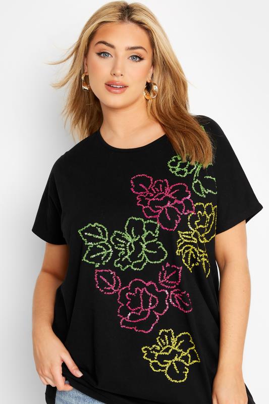 Curve Black Floral Sequin T-Shirt_D.jpg