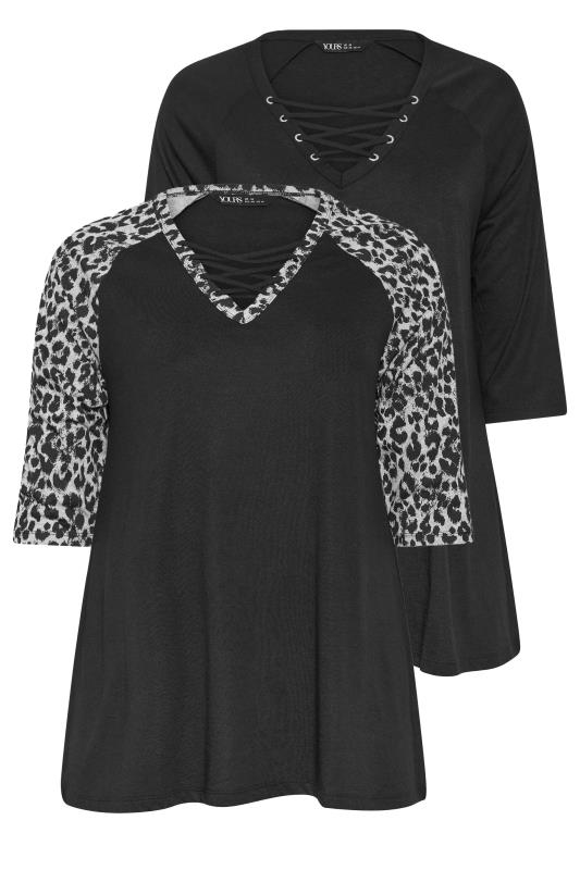 YOURS Plus Size 2 PACK Black Animal Print Lace Up Eyelet Tops | Yours Clothing 7