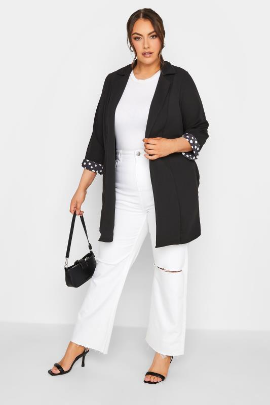 YOURS Curve Plus Size Black Polka Dot Roll Back Sleeve Blazer | Yours Clothing 2