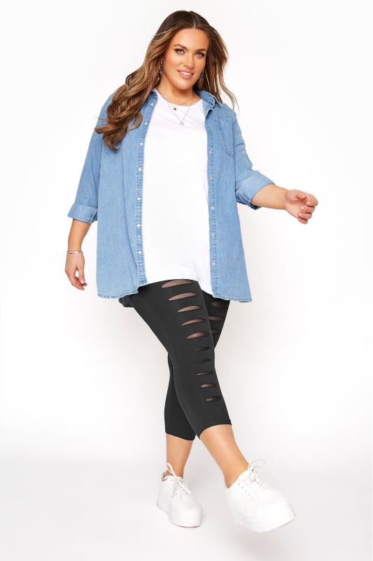 Plus Size Cropped & Short Leggings Black Ripped Mesh Insert Cropped Leggings