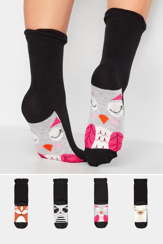 Plus Size  Yours 4 PACK Black Animal Print Footbed Socks