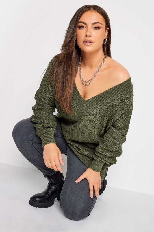 YOURS Plus Size Khaki Green Double V-Neck Jumper | Yours Clothing 4