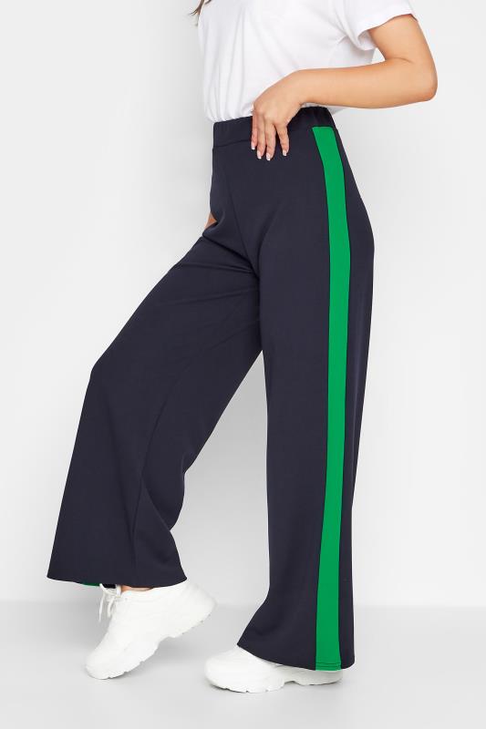 Petite Navy Blue & Green Stripe Wide Leg Trousers | PixieGirl 1