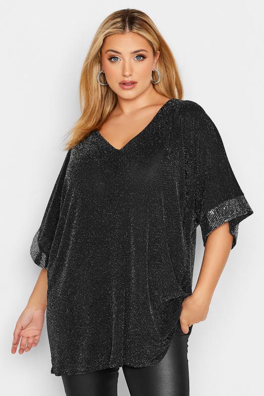Curve Plus Size Black & Silver V-Neck Glitter Top | Yours Clothing 1