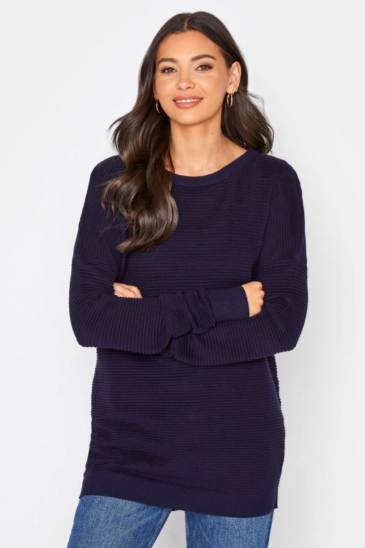 LTS Tall Navy Blue Ribbed Knitted Jumper_A.jpg