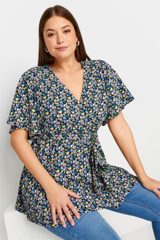 YOURS Plus Size Black Floral Print Textured Wrap Top | Yours Clothing 1